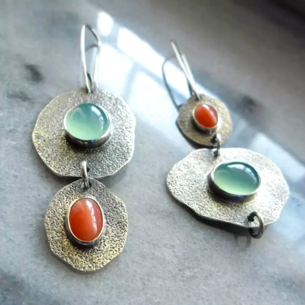 Geo Vintage Silver Metal Earrings Bohemian Dangle Ethnic Tribal - Picture 2 of 3